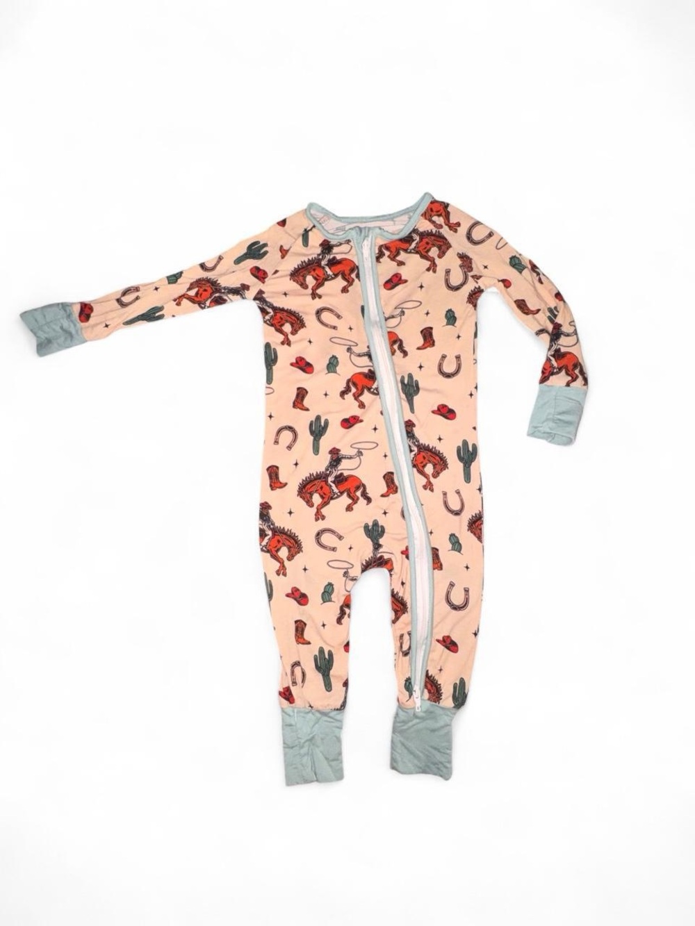 Tan Cowboy Print Kids Zip-One Piece with Sage Trim